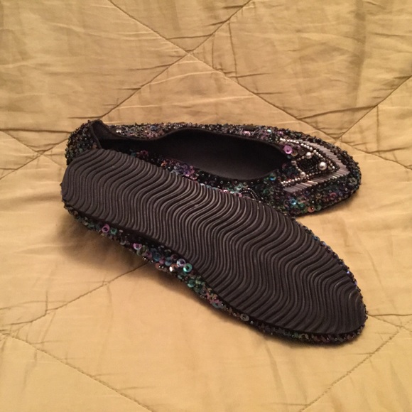 Peacock coloured sequinned flat slipper shoes - Picture 2 of 2